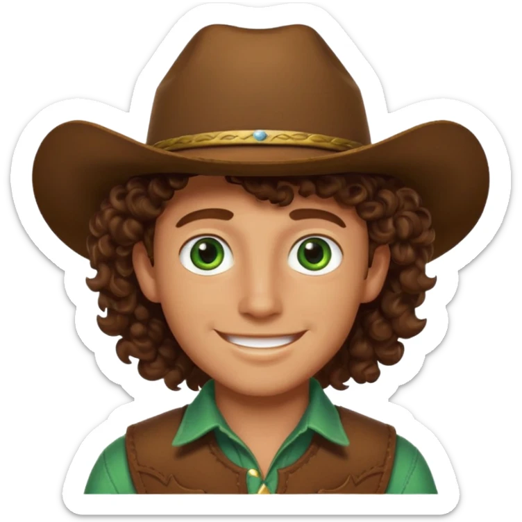 Cowboy boy with curly brown hair green eyes and he is happy  sticker