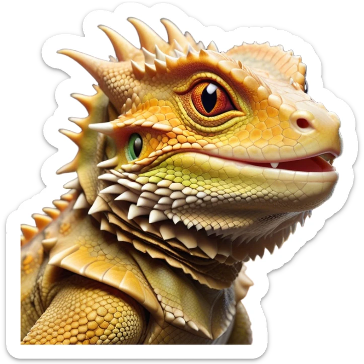 Cinematic Noble Bearded Dragon Portrait Emoji, Poised and regal, with a robust, angular build and a textured, scaled hide in earthy olive and sandy tones, a prominent spiky 'beard' beneath its chin and a keen, alert gaze, Simplified yet sharp and sophisticated features, highly detailed, glowing with a soft, dignified glow, high shine, intelligent and fierce, stylized with an air of desert majesty, focused and attentive, soft glowing outline, capturing the essence of a watchful and commanding reptile, so majestic it feels as though it could scuttle out of the screen with effortless authority! sticker