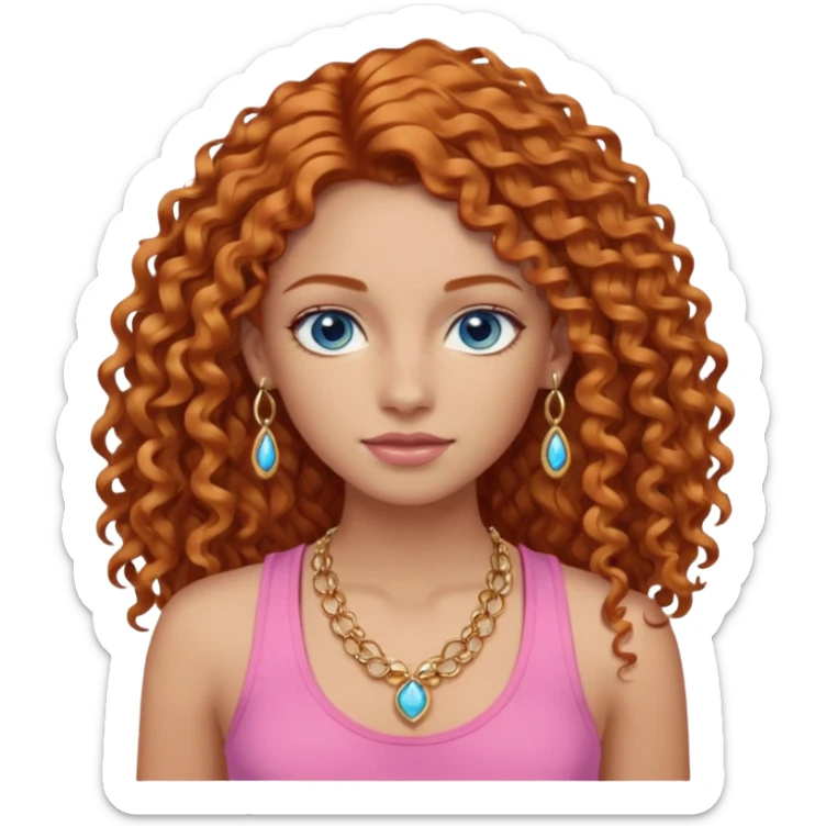 Girl with long ginger curly hair, blue eyes, tan-ish skin, gold jewelry, and a pink tank top sticker