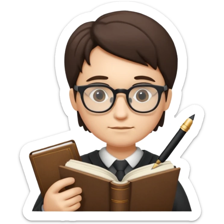 writer holding big pen in hand and closed book in other hand, wearing glasses sticker