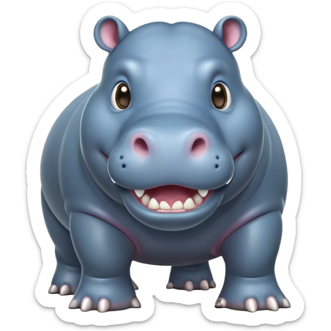 cinematic-hippo-realistic-full-body-side-view-standing-on-all-fours-emoji,-massive-round-frame,-wide-mouthed-grin-exposing-huge-teeth,-head-tilted-dramatically,-thick-greyish blue-hide-glossy, big cute eyes sticker