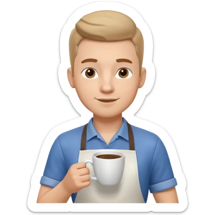 male barista portrait, head and shoulders only, wearing apron collar, holding a coffee cup, confident friendly expression, cafe worker vibe, 3D cartoon, mobile game icon style, clean background, no text, no watermark
 sticker