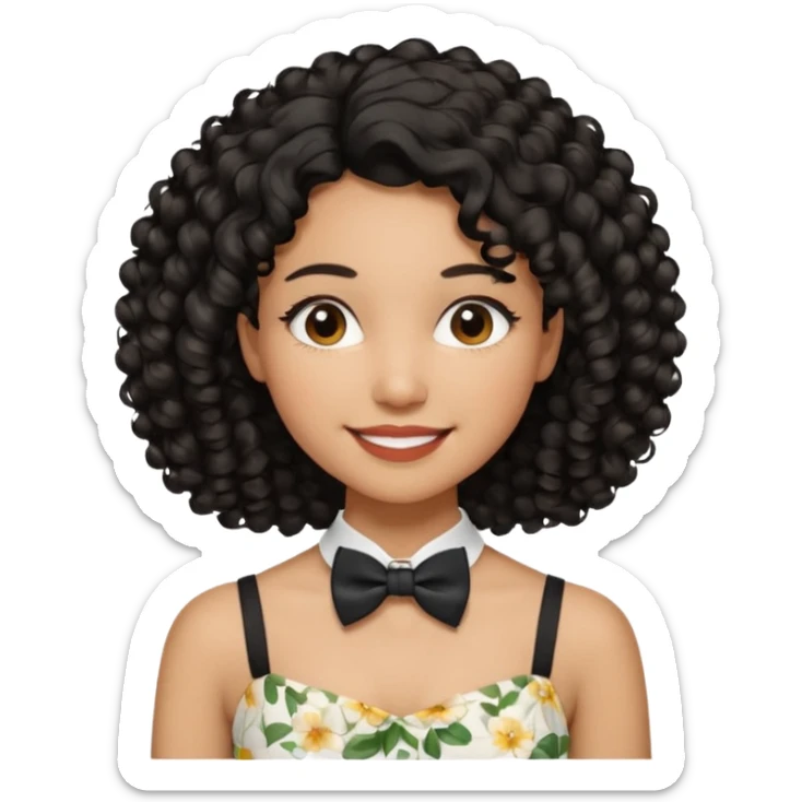 A young woman. She has voluminous, curly black hair that frames her face beautifully. Her skin tone is light Brown and glowing, and she has a subtle, natural makeup look. She’s smiling softly at the camera. She is wearing a white floral top with thin straps and a small bow tie detail in the front. sticker