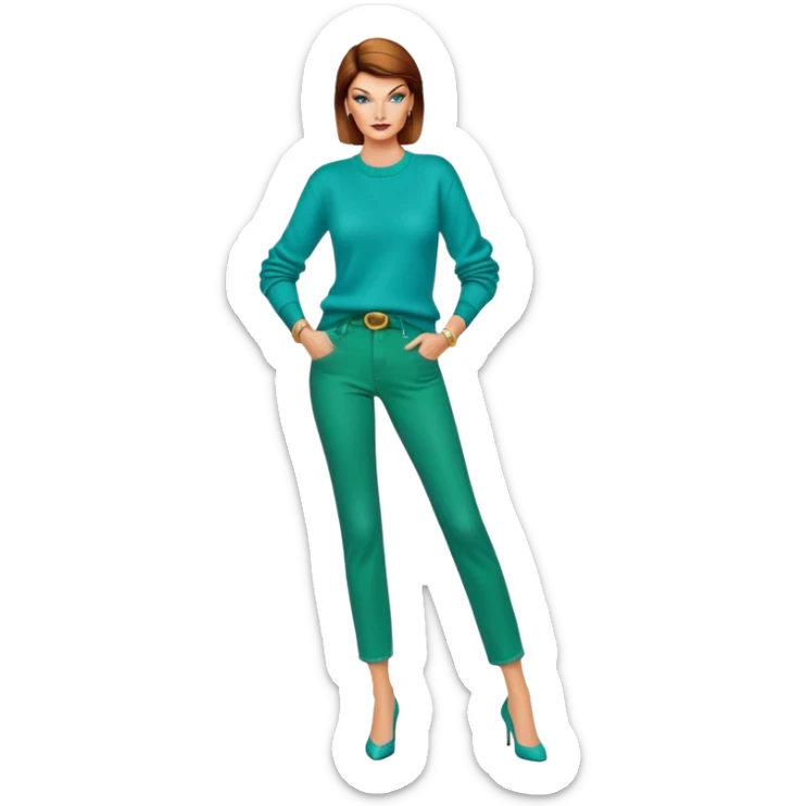Linda Evangelista in turquoise sweater and green jeans pants sticker