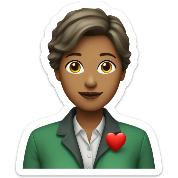 A female teacher in a green jacket holds a heart in her hands sticker