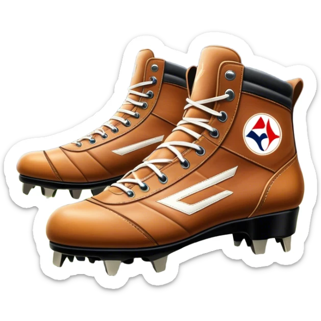 Cinematic Realistic image of a pair of AFL boots, showcasing detailed leather stitching and a rugged sole with fine cleat impressions, captured against a blurred stadium background with high-energy, dynamic lighting sticker