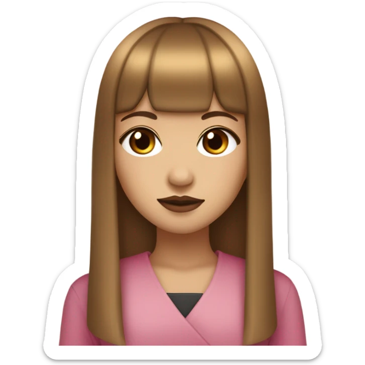 girl with medium neutral skin tone, long straight hair with japanese bang, golden brown hair color, dark brown eyes, doe eyes, pink lip that suit her skin tone sticker
