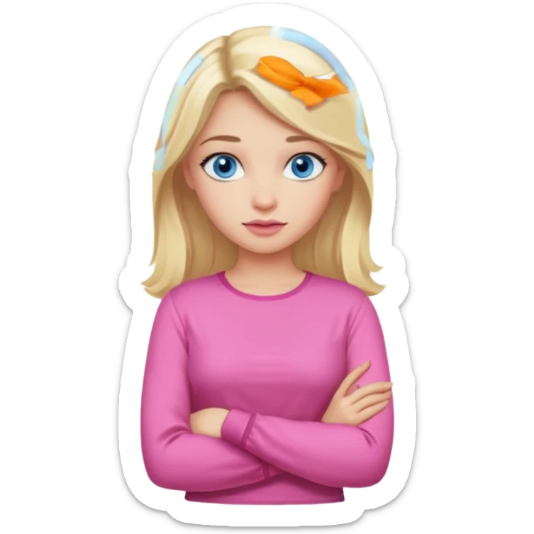 A girl with blue eyes, full lips and blonde long hair in a pink blouse shows no with her hands, crossing them sticker