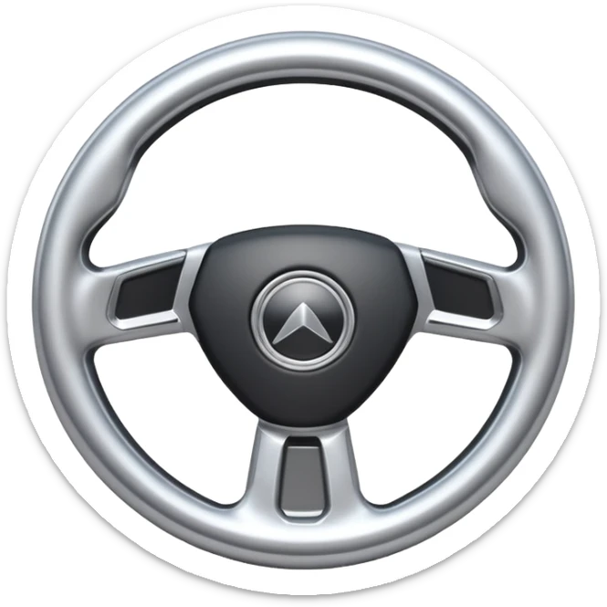 A futuristic steering wheel emoji made of silver chrome, minimal geometric design, smooth metallic surface, soft reflections, iOS emoji style, centered, clean white background sticker