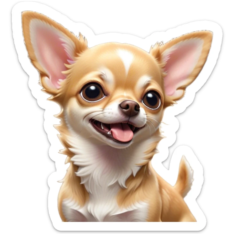 Cinematic Cute Yawning Fawn Short Haired Chihuahua Portrait Emoji, Head tilted slightly with a dramatic, wide-open yawn, soft fawn fur with a velvety texture, floppy ears slightly drooping, round dark eyes barely open in drowsy contentment, Simplified yet irresistibly adorable features, highly detailed, glowing with a soft, cozy glow, high shine, relaxed yet expressive, stylized with a touch of whimsy, bright and endearing, soft glowing outline, capturing the essence of a sleepy yet affectionate pup, so drowsy it feels like it could stretch right out of the screen and curl up for a nap! sticker