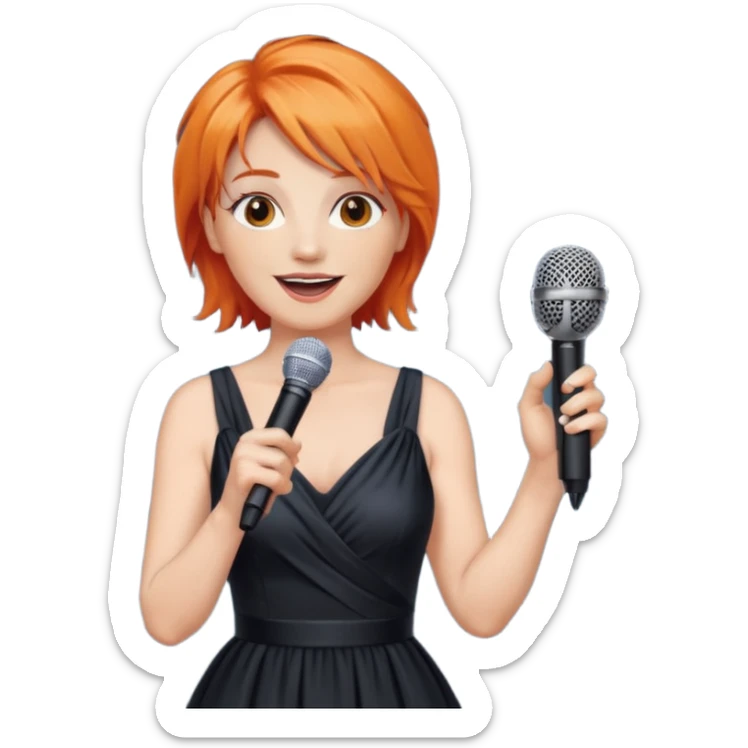 singer, Middle age, orange hair, happy, holding mic, wearing dress sticker