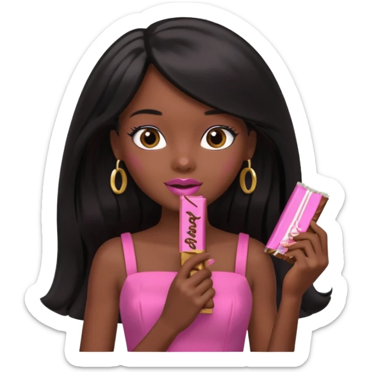 Black barbie, long black  hair, pink dress eating chocalate bar sticker