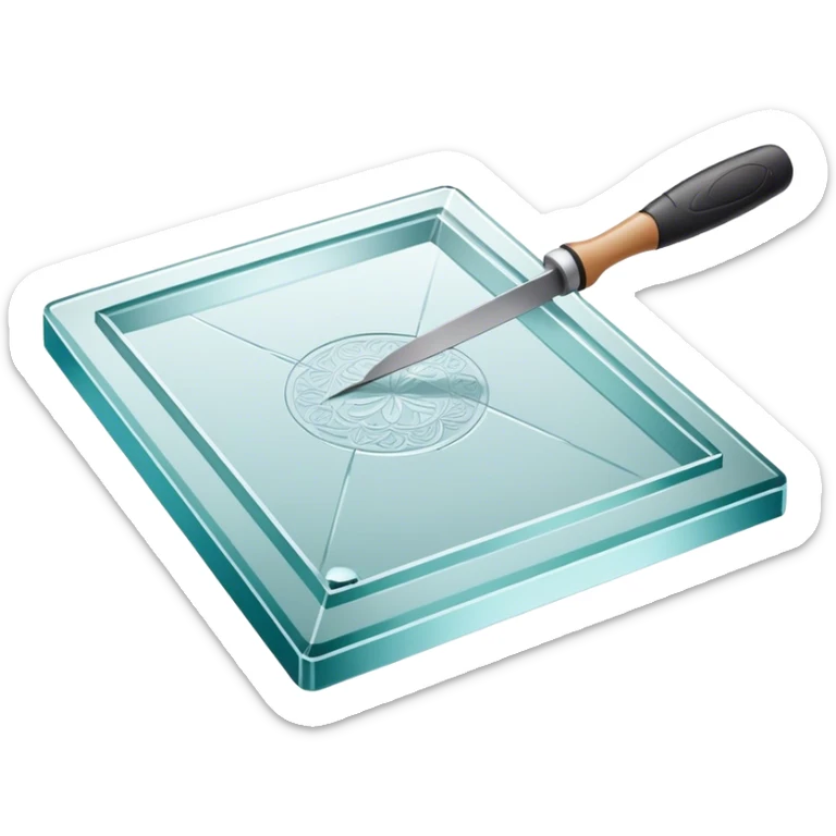 Glass carving icon, large piece of glass being etched with carving tools, fine lines and patterns on the glass surface, glass cutter, minimalistic style, clean lines, transparent background. sticker