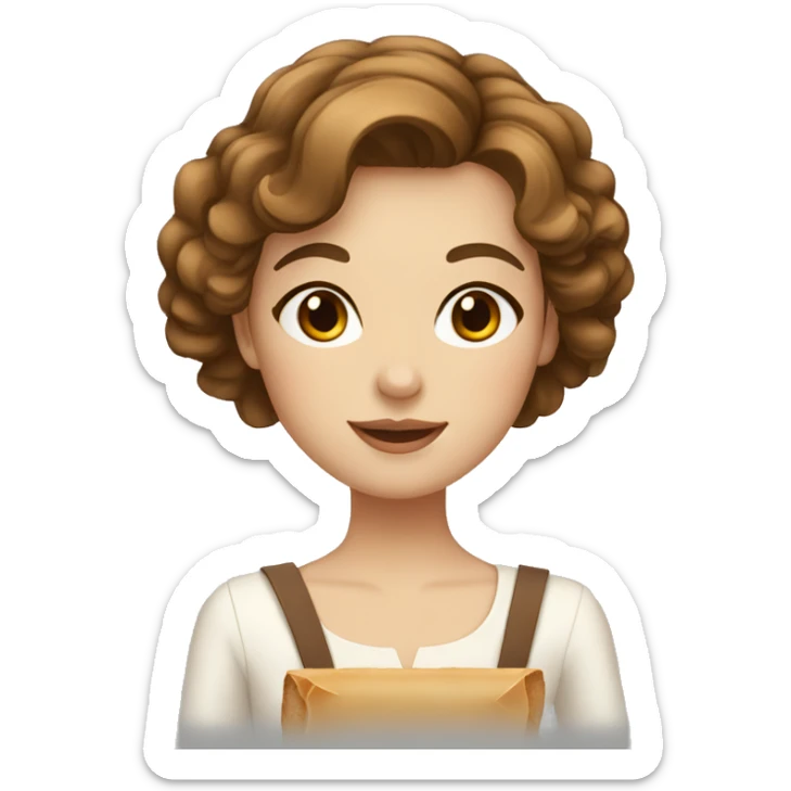 a french girl, with brown mid-length wavy cut hair, brown eyes, holding a baguette sticker