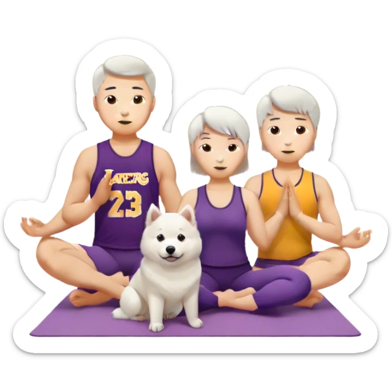 asian couple with a Samoyed which is a Short hair brunette male with lakers jersey and long hair brunette female yoga clothing sticker