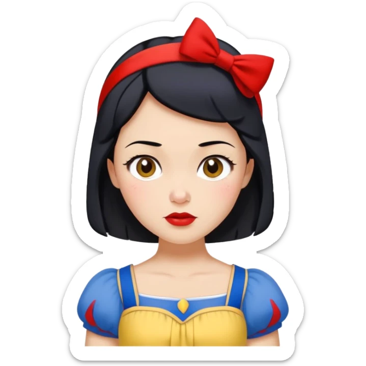 Snow White from hips up, blue top with yellow skirt, short black hair with red headband, minimal style but clearly recognizable sticker