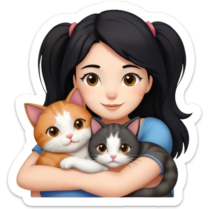 happy girl with black hair hugging three cats  (tricolour cat, gray cat, brown calico cat) sticker