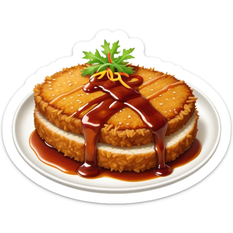 Tonkatsu Cinematic Realistic Tonkatsu Dish Emoji, depicted as a golden, crispy pork cutlet drizzled with tangy BBQ sauce, rendered with detailed textures and dynamic, appetizing lighting. sticker