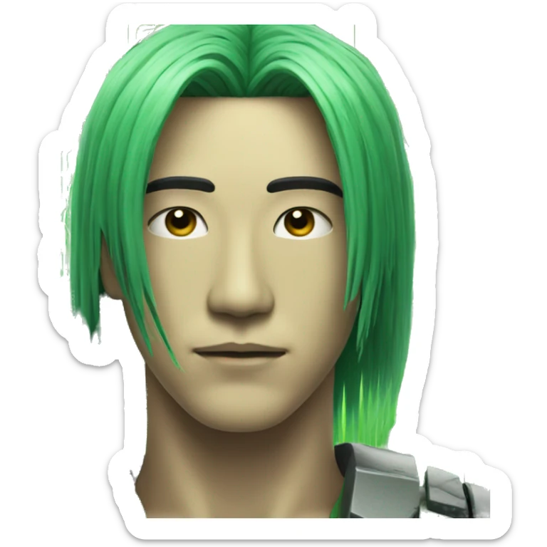 Head of Asian male cyborg with long green hair and circuits sticker