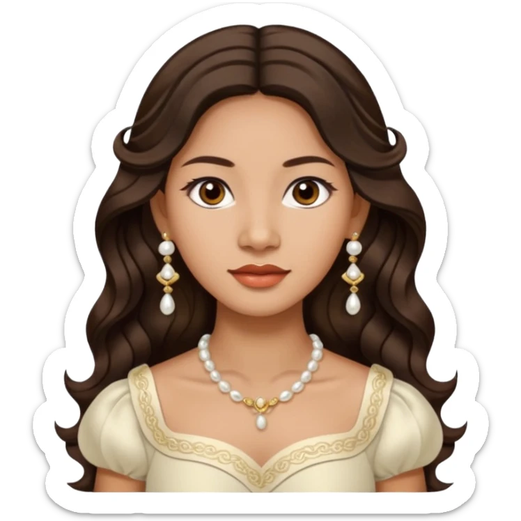 Tan Filipino woman with dark brown eyes and long dark wavy hair parted in the middle wearing a traditional filipiniana and white pearl stud earrings and no other jewelry sticker