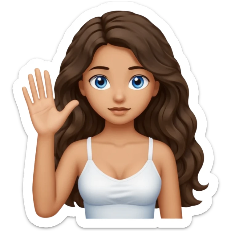 Girl with olive skin, blue eyes, brown dark insanely wavy long hair, white camisole, left hand palm up crossing arms in an x shape sticker