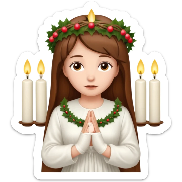 brown long haired white women with white gown and advent wreath with 5 candles on the head and praying hands  sticker