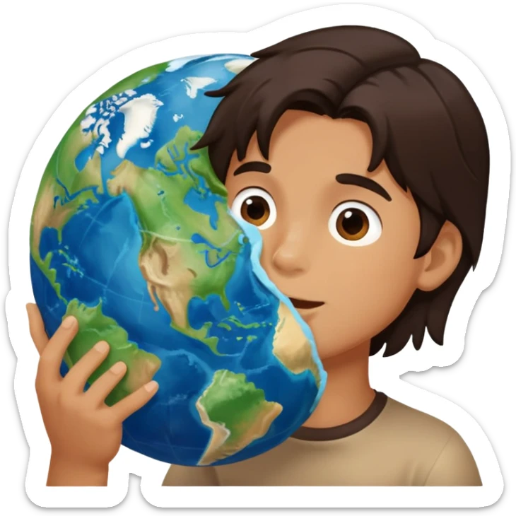 A boy with dark brown shoulder long hair eating the globe of earth sticker