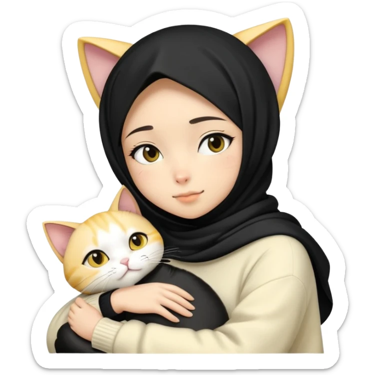 a girl wearing a black hijab in a creme sweater, hugs a japanese yellow, black, and white one cat sticker