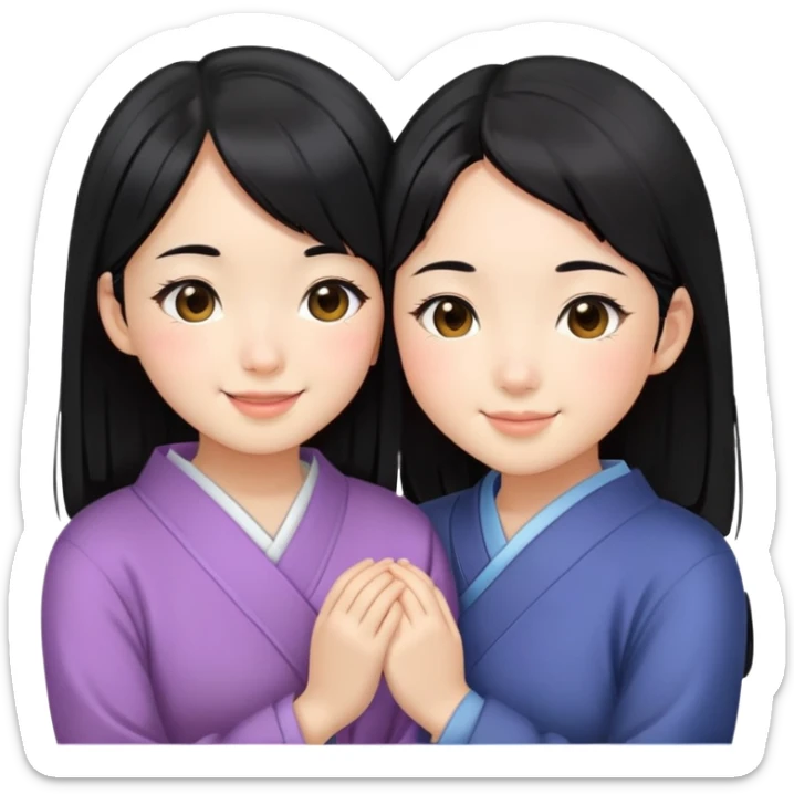 Two cute Japanese girls with straight black hair and East Asian features, faces pressed together cheek to cheek, smiling happily sticker