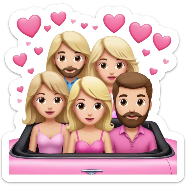 One blonde woman, two brunette women, and a brown haired bearded man in a pink convertible with hearts blowing behind the convertible sticker