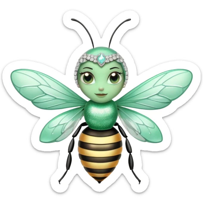 Mint green woman bee with diamond wings, sparkly rhinestones, and glitter accents sticker
