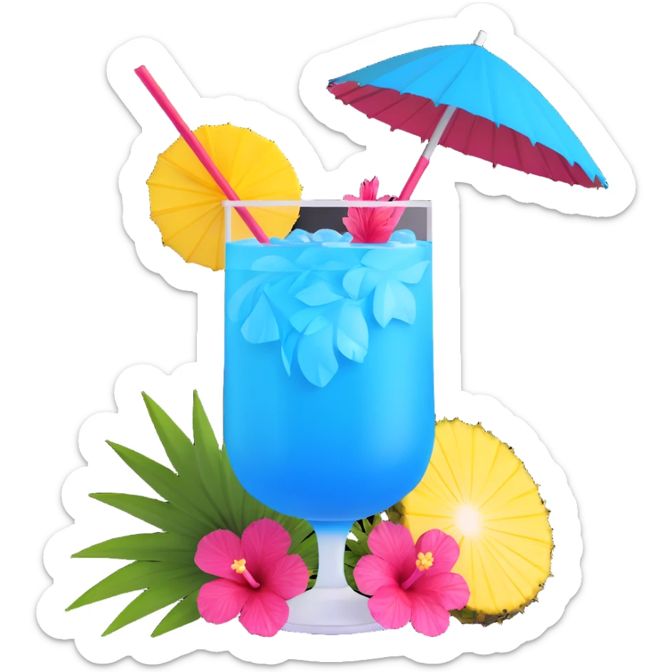 vibrant tropical fruity blue cocktail with hibiscus, pineapple slice, and paper umbrella garnish sticker