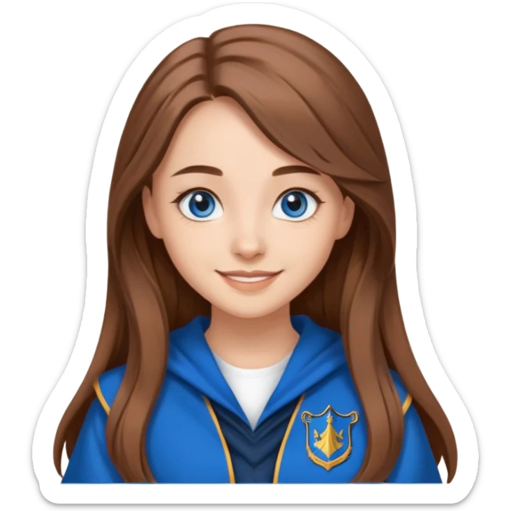 gorgeous Girl with light skin, blue eyes, long brown hair, wears a ravenclaw outfit sticker