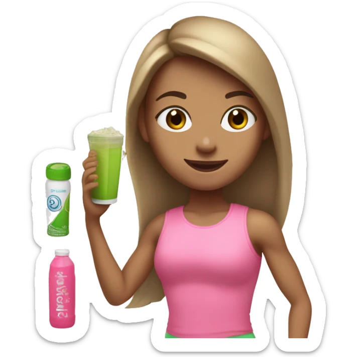a girl with brown long straightened hair and with Green eyes with pink leggings and pink sports top with a protein shake in her hand sticker