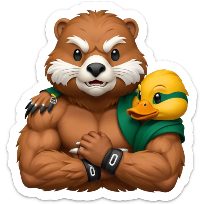Oregon State Beaver mascot holding University of Oregon Duck mascot in a headlock sticker