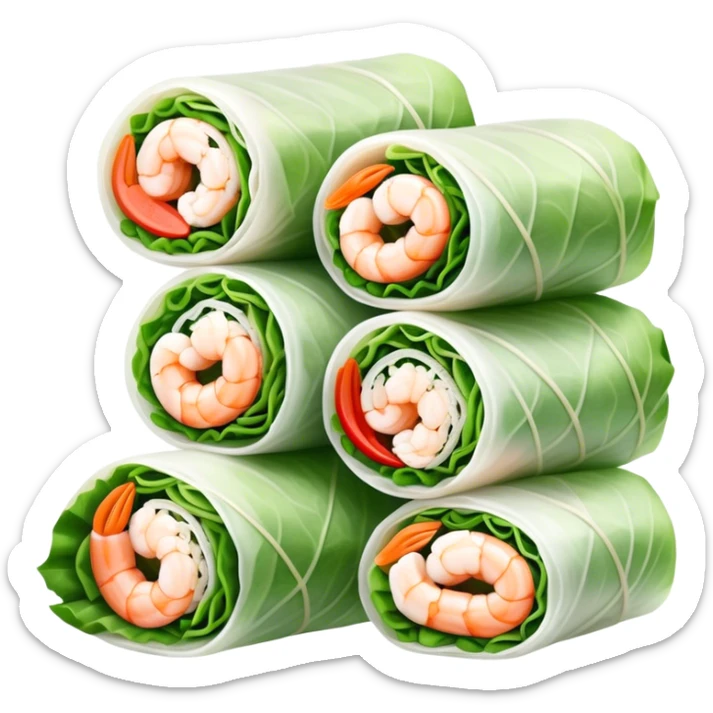 Cinematic Realistic Vietnamese Summer Rolls Dish Emoji, depicted with delicate rice paper wraps filled with fresh vegetables and shrimp rendered with crisp textures and refreshing lighting. sticker