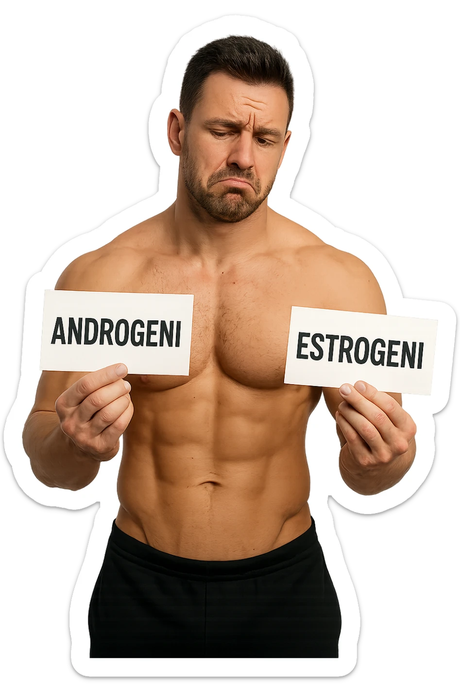 BODYBUILDER CHE TIENE LA SCRITTA "ANDROGENI" NELLA MANO DESTRA E LA SCRITTA "ESTROGENI" NELLA MANO SINISTRA, ESPRESSIONE DUBBIOSA IN VOLTO sticker