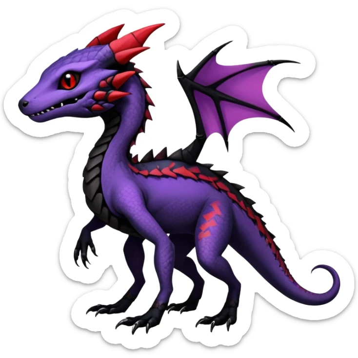 Rare realistic exotic edgy dark gothic gloomy spooky black and red/purple epic pretty beautiful handsome gorgeous aesthetic colorful vibrant Vernid-Trico-species-Fakemon-Salandit-hybrid-creature by LiLaiRa, 4 legs, 1 tail, random markings, (full body) sticker