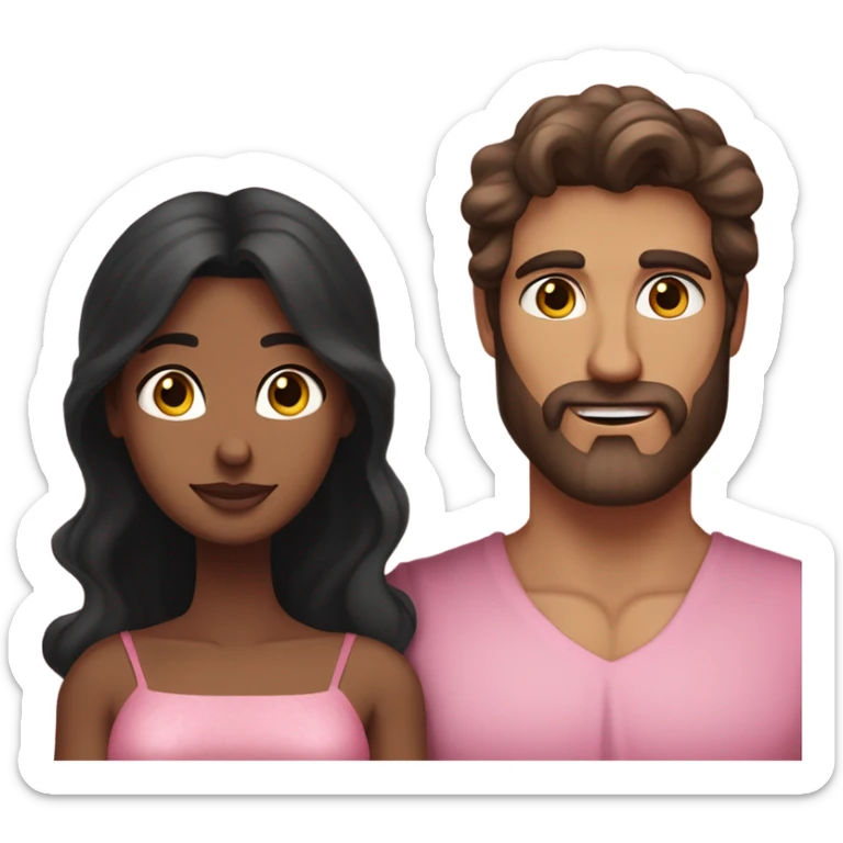 A handsome pale Greek god man who has long brown hair and tanned skin with a pretty black woman who has long black hair and she is wearing a pink dress and they are a couple sticker