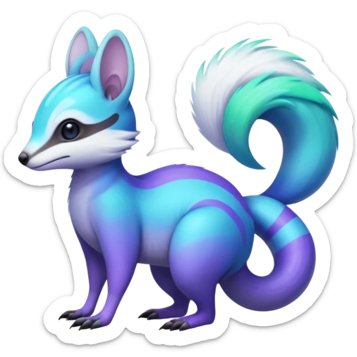 Iridescent Neon Green-Cyan-Blue-Purple-gradients Minccino-Numbat-Sergal-fusion-hybrid-animal-creature, full body sticker