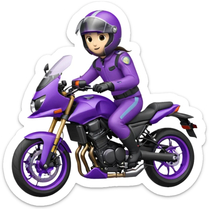 Créer un emoji avec une moto mt07 sport noir mate / violet iridescent très foncé, pare-brise de la moto violet. Avec une pilote dessus, visage complet caché  par la visière violette . Avec en arrière plan cercle violet. sticker