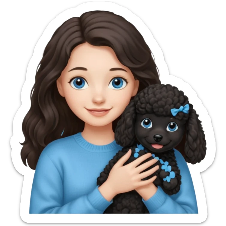 One Brunette girl with blue eyes and long hair in a light blue sweater holds one black Poodle puppy in her arms sticker