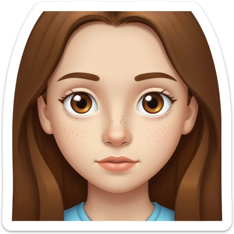 A 12-year-old girl with very long brown hair, light brown eyes, medium thick eyebrows, slightly big lips, a small freckle on her cheek and another small freckle under her eye sticker