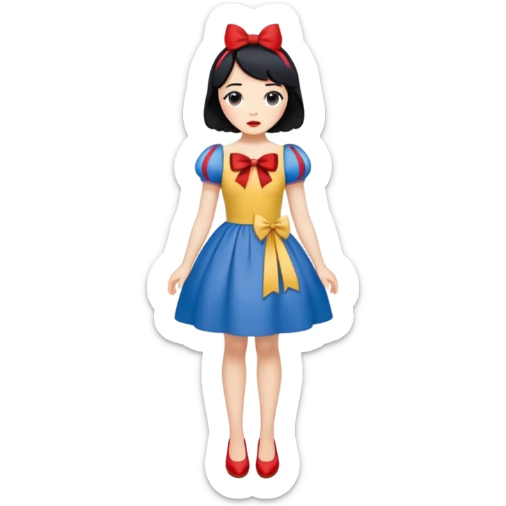 full body Snow White with blue and yellow dress, short black hair with red bow, minimal style sticker