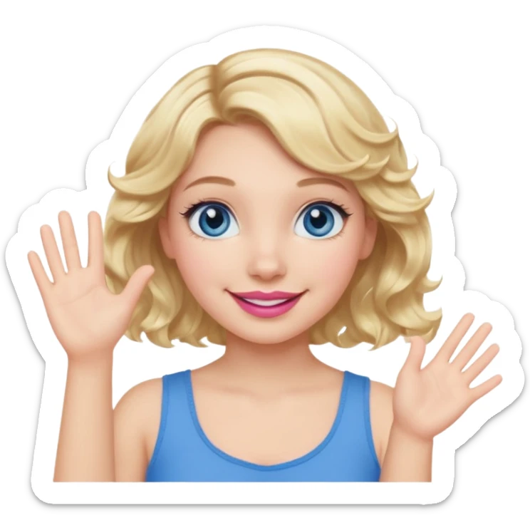 Girl Blonde short wavy hair,  blue eyes, cute blue top, long lashes, pink lips, smiling, waving hello  sticker