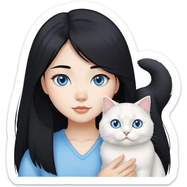 black hair Asia girl with White British longhair cat blue eyes  sticker