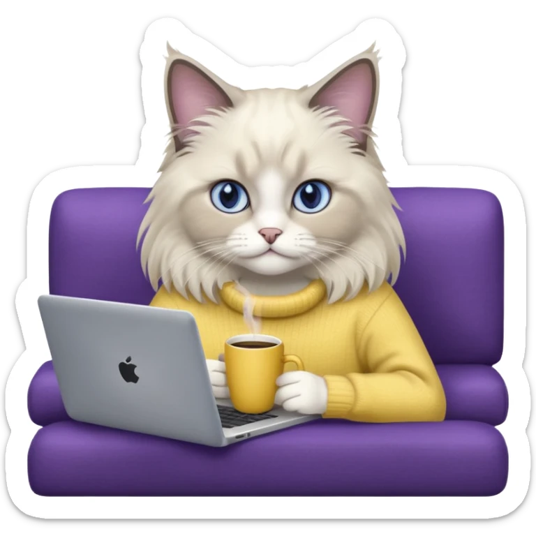 a cute blue eyed ragdoll cat wearing the dark violet sweater with yellow letteting "Milena" sitting on the grey sofa with grey laptop and drinking coffee sticker