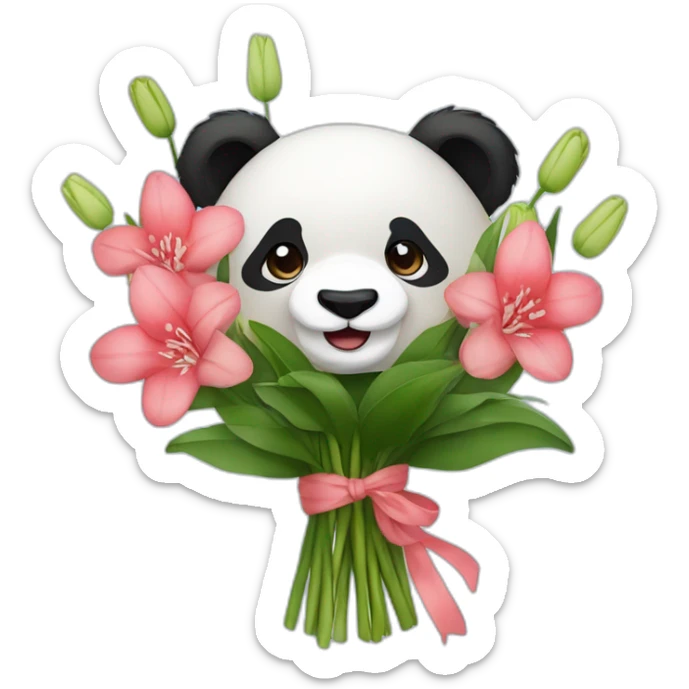 Panda bear holding lilies, hyacinths and camellias in a flower bouquet sticker