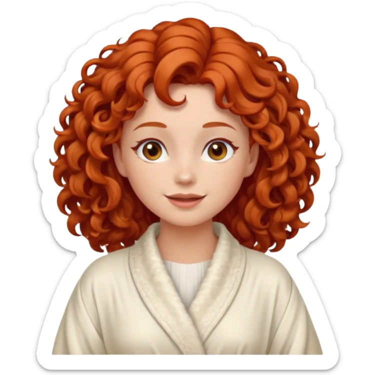 Cartoon emoji of a girl with voluminous curly red hair, fair skin, warm brown eyes. Wearing a chic milky silk robe with long sleeves, no makeup. Portrait mode, giving herself a face massage, joyful and relaxed. Smooth, simple, stylized. sticker