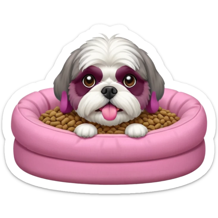 old ALL grey shih tzu in pink dog bed tongue hanging out near bowl of food sticker